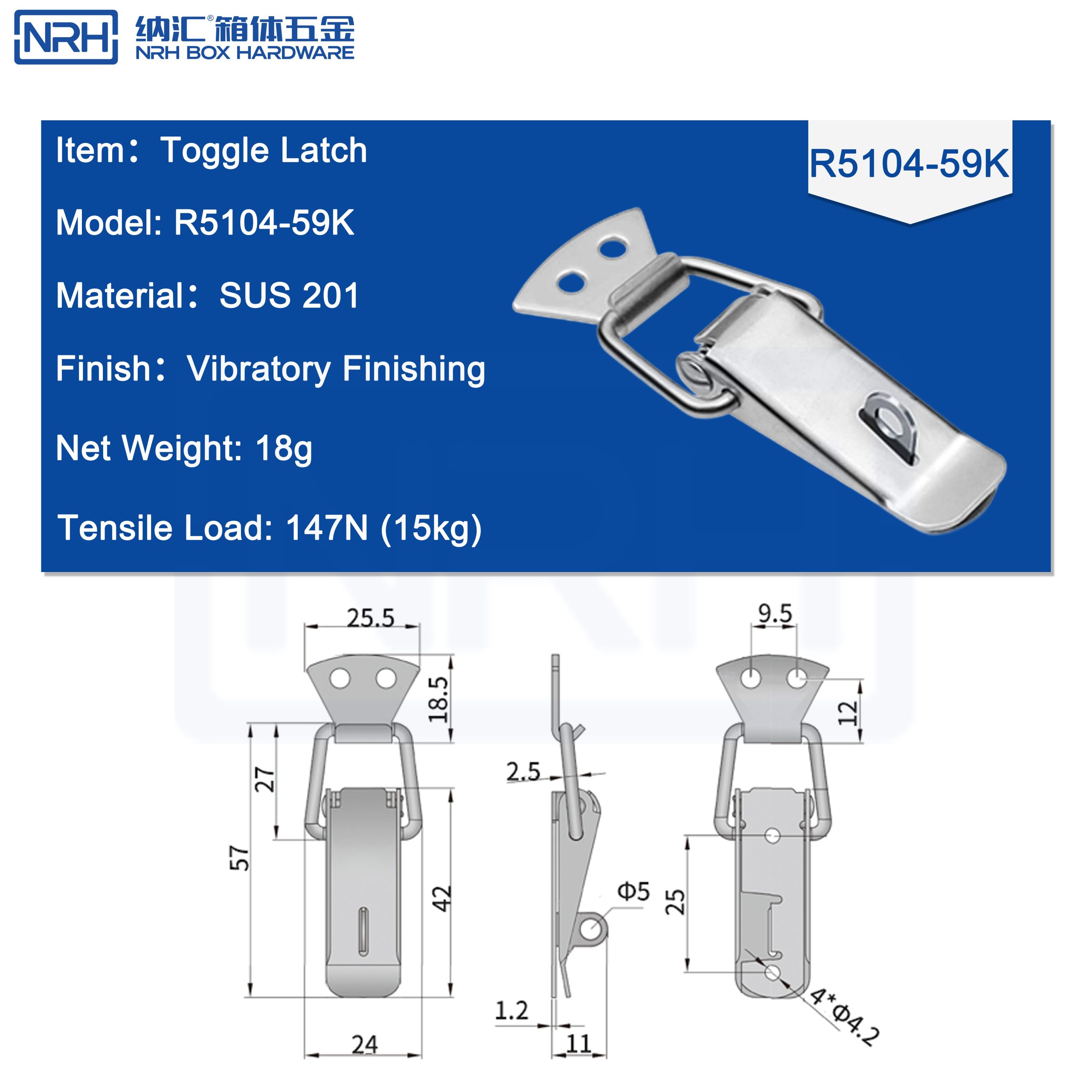 R5104-59K Toggle Latch with Padlock Hole, SUS201 Stainless Steel, Panel Fastener