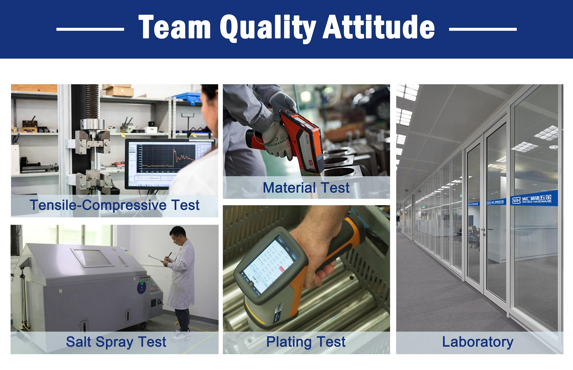 This image highlights NRH's quality commitment through material, salt spray, and plating tests conducted in its in-house laboratory.