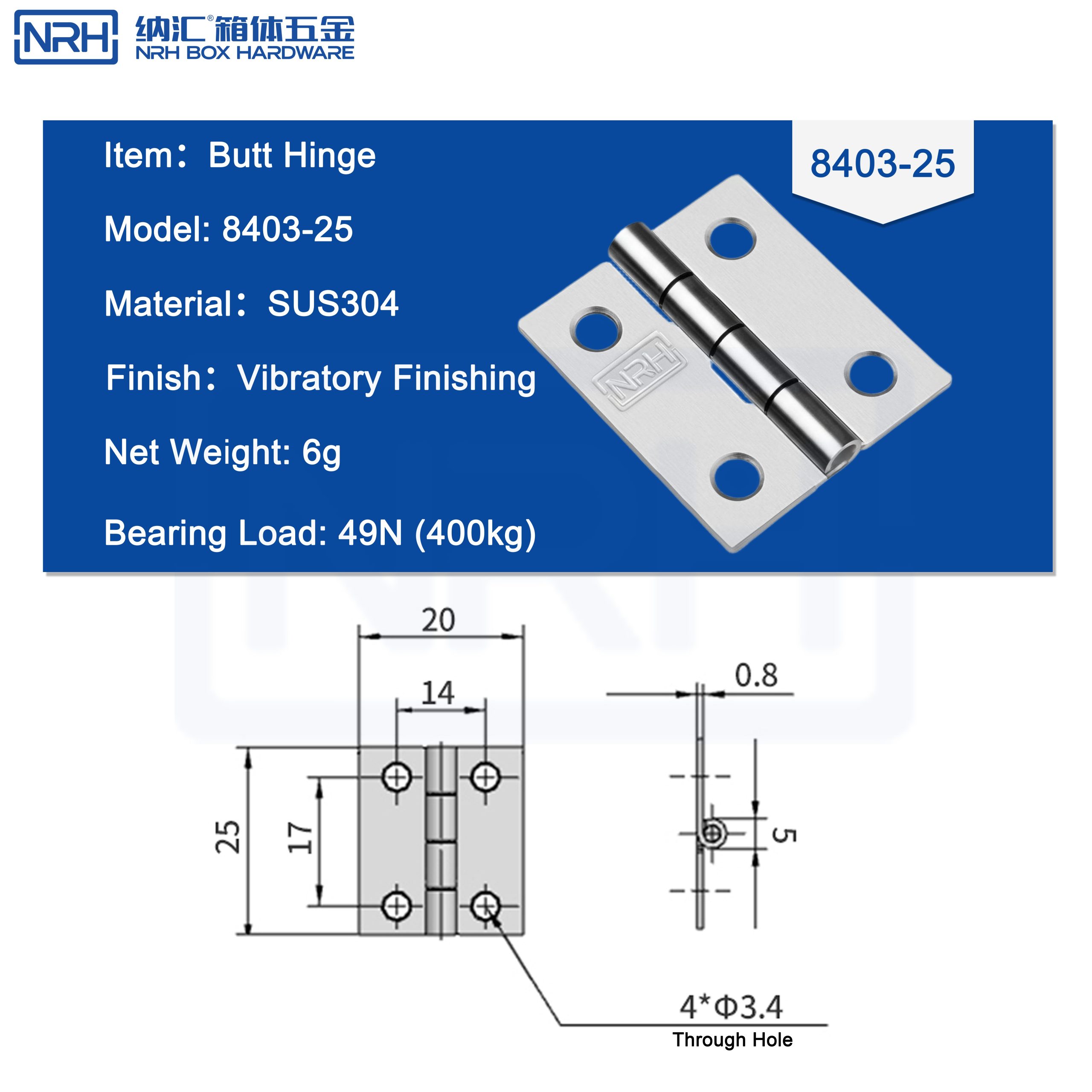 NRH 8403-25, micro hinge, miniature hinge, stainless steel hinge, SUS 304 hinge, small cabinet hinge, electronics hinge, precision hinge, NRH hardware