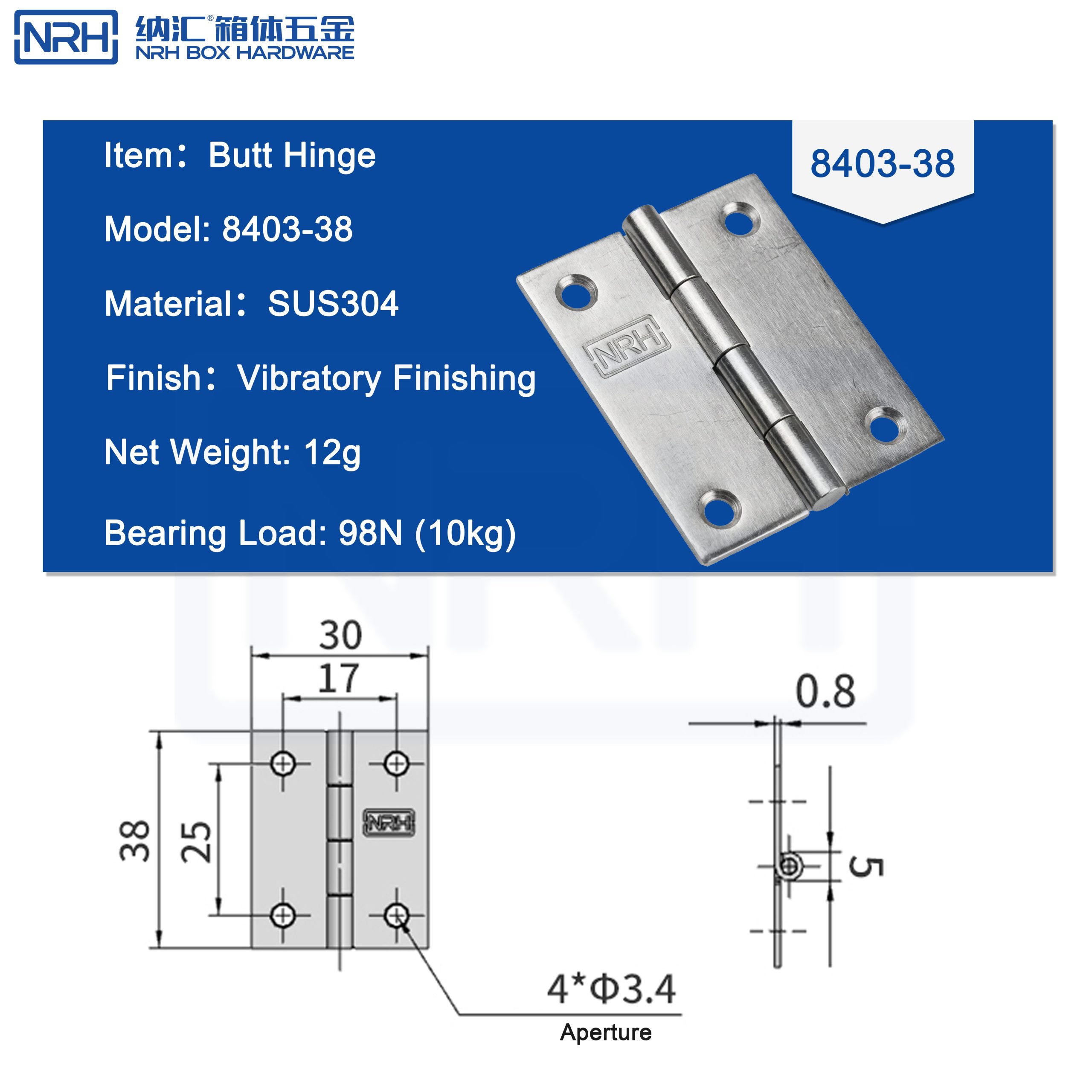 NRH 8403-38, small stainless steel hinge, mini hinge, SUS 304 hinge, instrument case hinge, cabinet hinge, electronic enclosure hinge, NRH hardware
