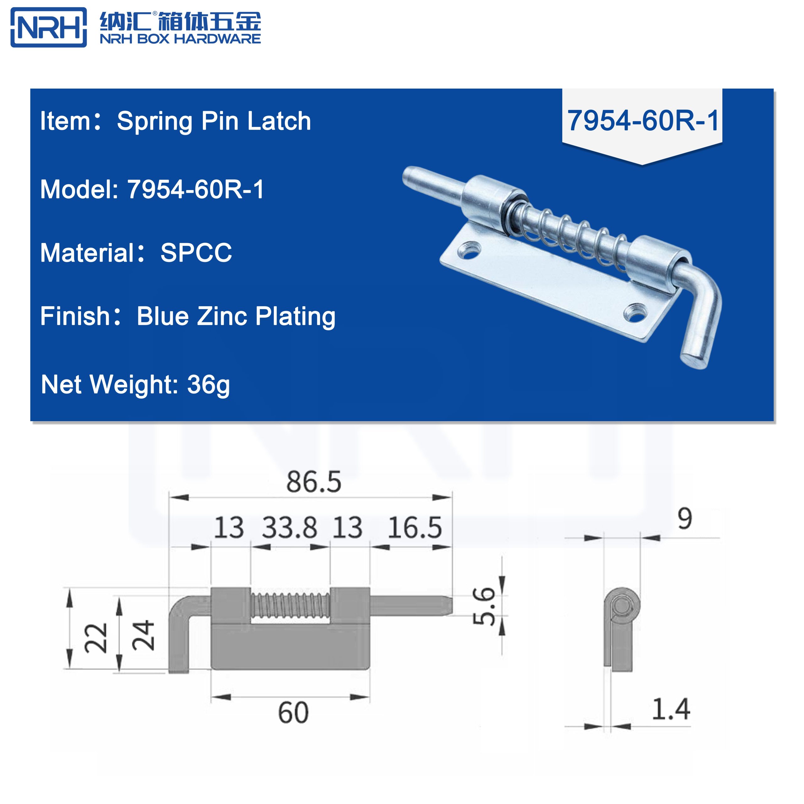 NRH 7954-60R-1, spring pin latch, right-hand latch, L-handle latch, SPCC latch, blue zinc plated, cabinet latch, toolbox lock, manual lock, industrial hardware