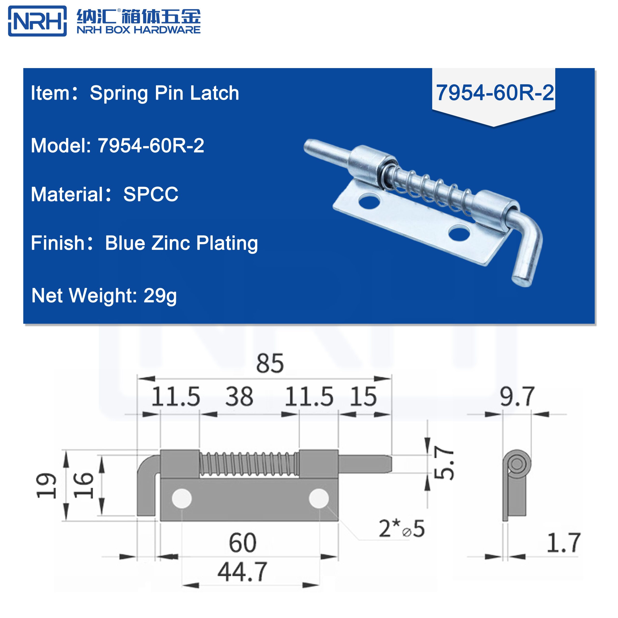 NRH 7954-60R-2 Spring Pin Latch | 85mm SPCC Blue Zinc Cabinet Lock