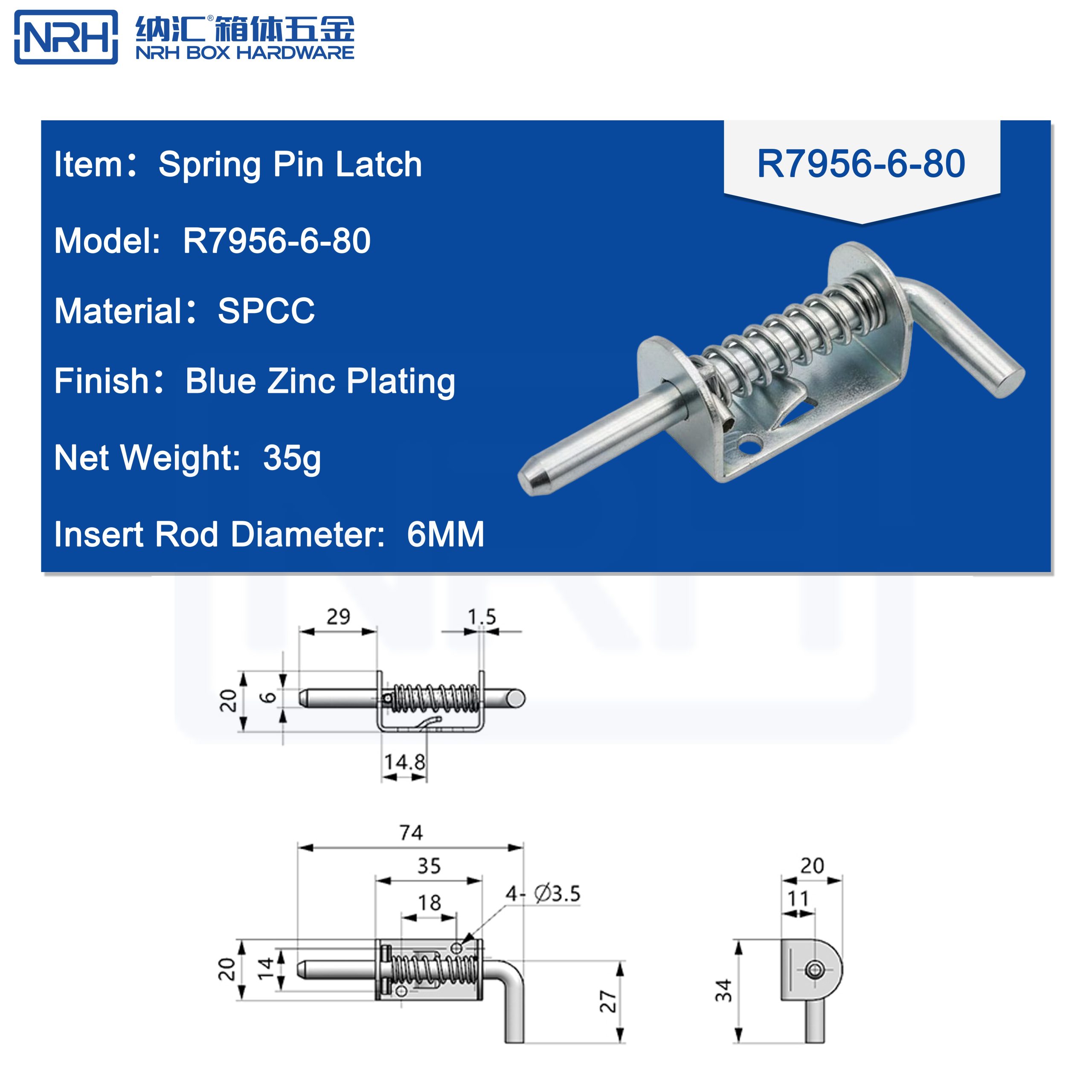 NRH R7956-6-80 Spring Pin Latch | SPCC Blue Zinc 6mm Heavy Duty Insert Rod