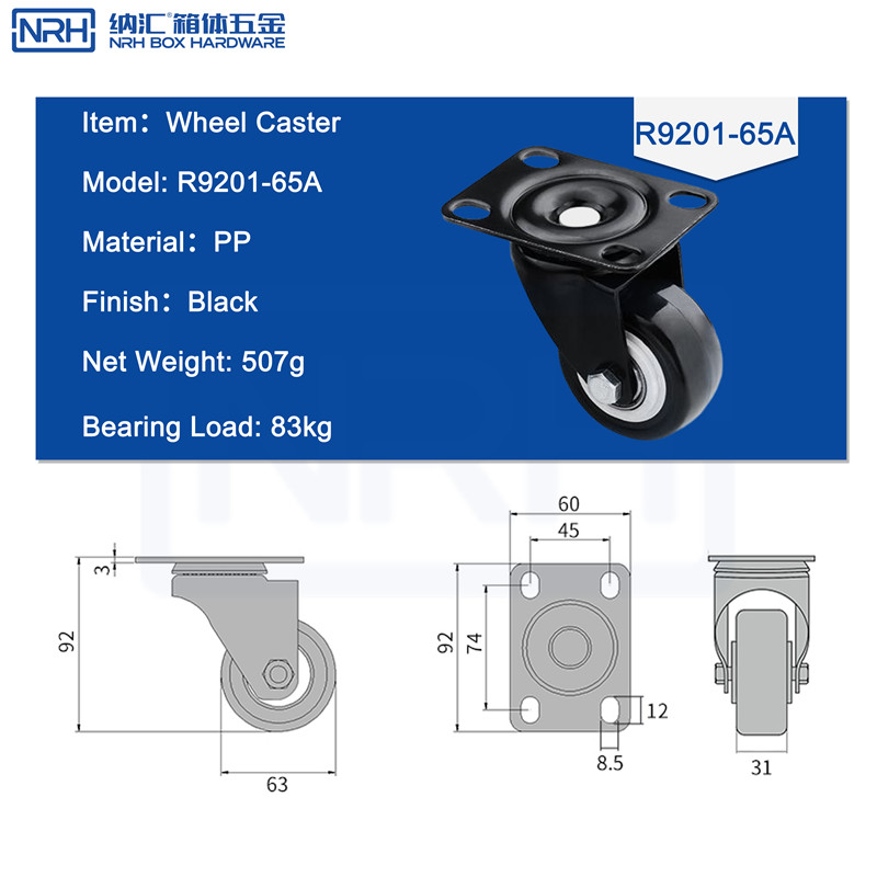 Caster wheels R9201-65A-PP-BK - dimensions chart