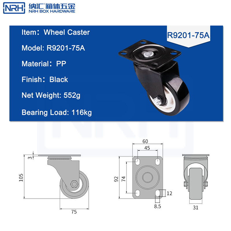 Caster wheels R9201-75A-PP-BK - dimensions chart