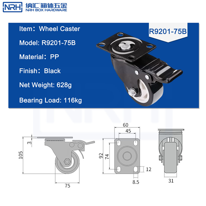Caster wheels R9201-75B-PP-BK - dimensions chart