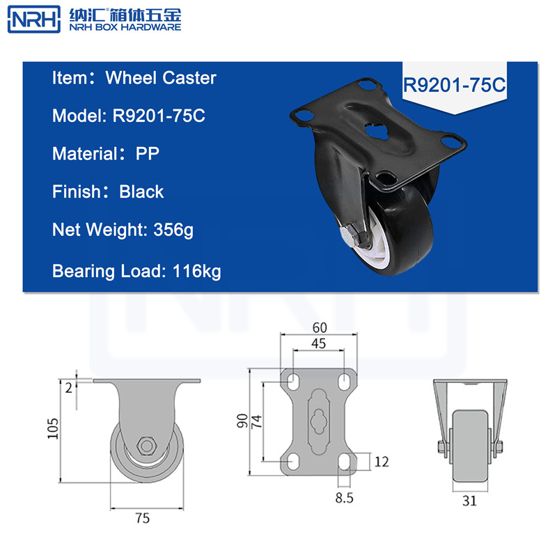 Caster wheels R9201-75C-PP-BK - dimensions chart