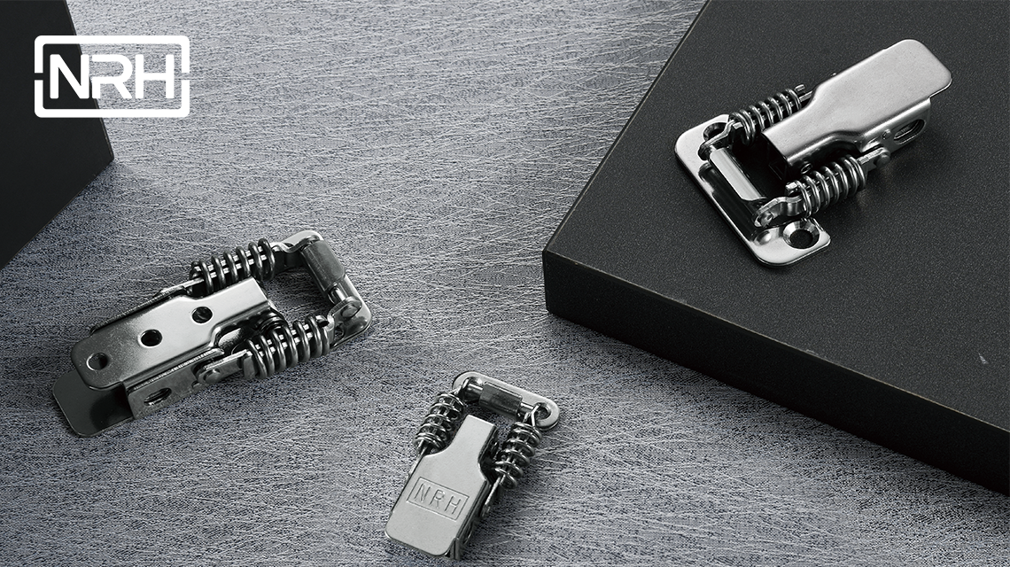 Nickel-plated hardware surface showing characteristic bright silver reflective finish on case hardware latch