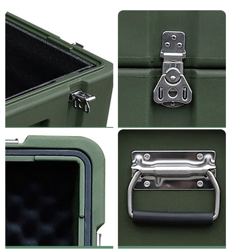Roll-molded rescue equipment box with NRH 4259-108 spring-loaded handles and 6324-74 stainless steel butterfly latches for fire and mining use