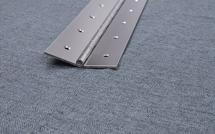 8001 series piano hinge installed on flight case showing continuous hinge running full length of lid in real application
