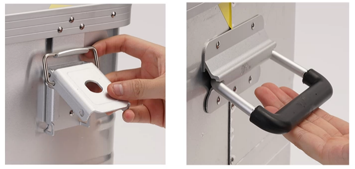 Outdoor storage box hardware configuration showing 4262-115 handles and 5881-87-1 locking latches