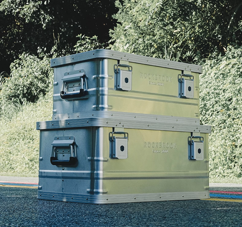 Small, medium, and large aluminum storage boxes with NRH 4262-115 handles and 5881-87-1 locking latches