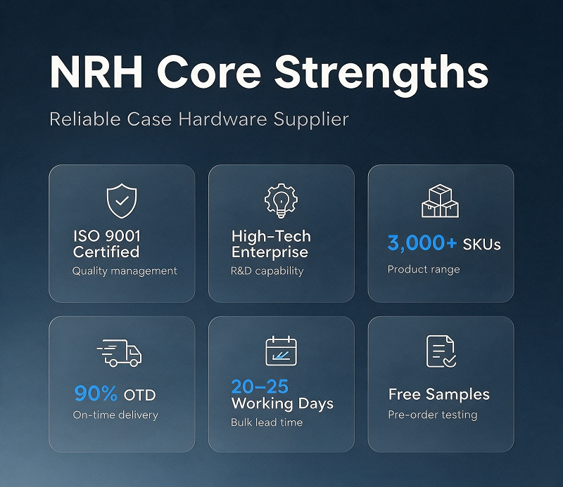 Case hardware product portfolio showing toggle latches, handles, hinges, and corner protectors from NRH