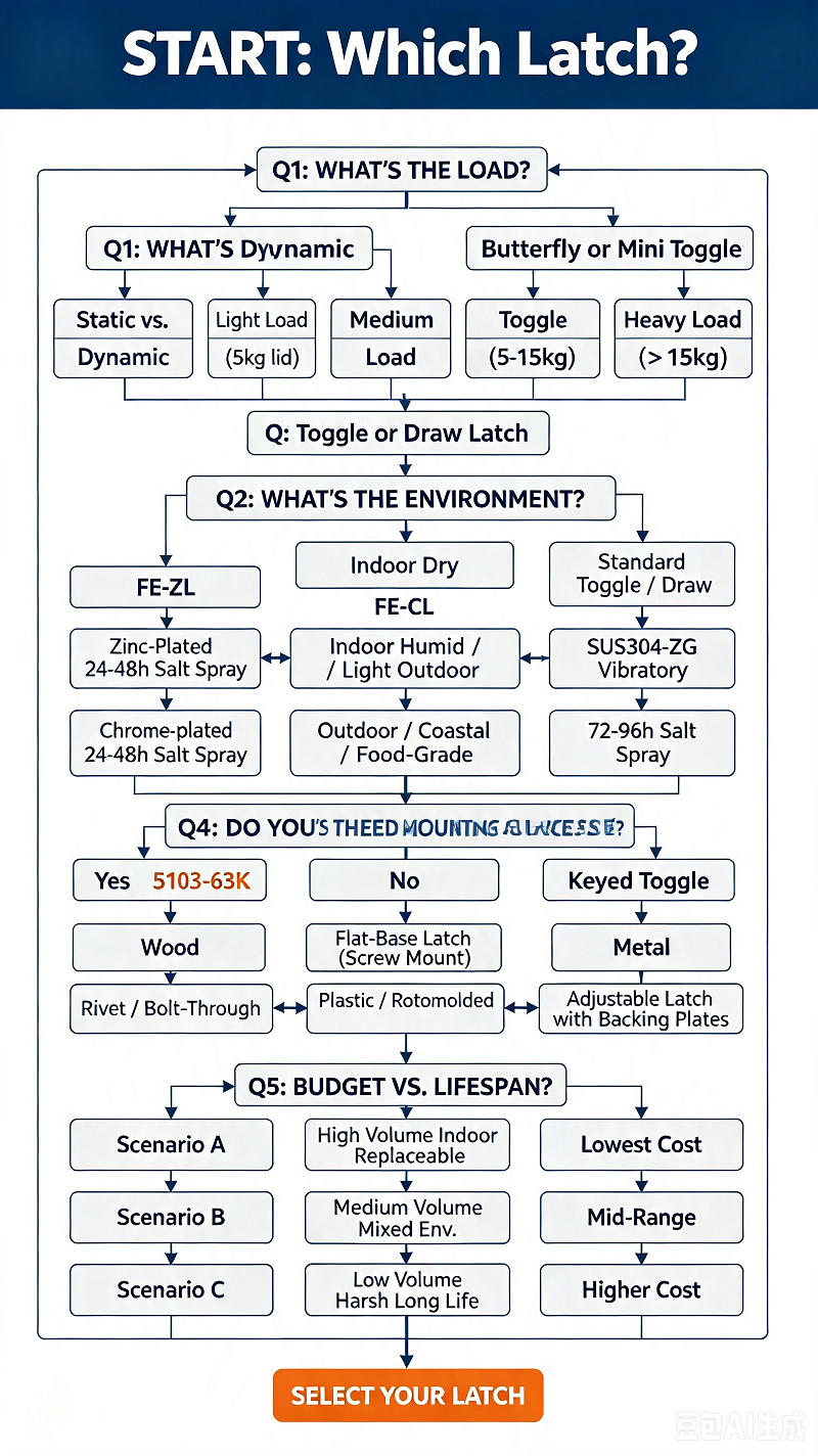 Decision Flowchart - Five-question latch selection framework: load, environment, security, mounting, budget