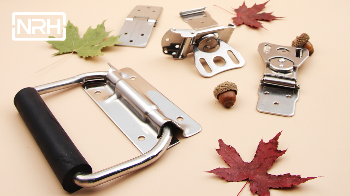 Case hardware latches and hinges undergoing RoHS compliance testing in an ISO 17025 accredited laboratory
