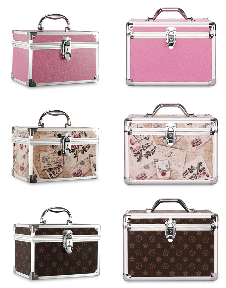 Aluminum single-layer makeup case with NRH 6405-76K locking latch, 8131-48 support hinge, and 7505-40 corner protectors