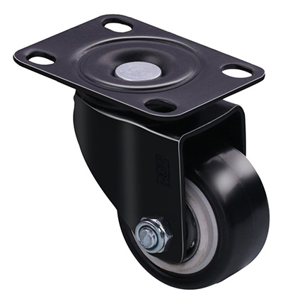 Four types of industrial caster wheels showing rubber swivel, polyurethane rigid, nylon swivel, and steel caster with brake