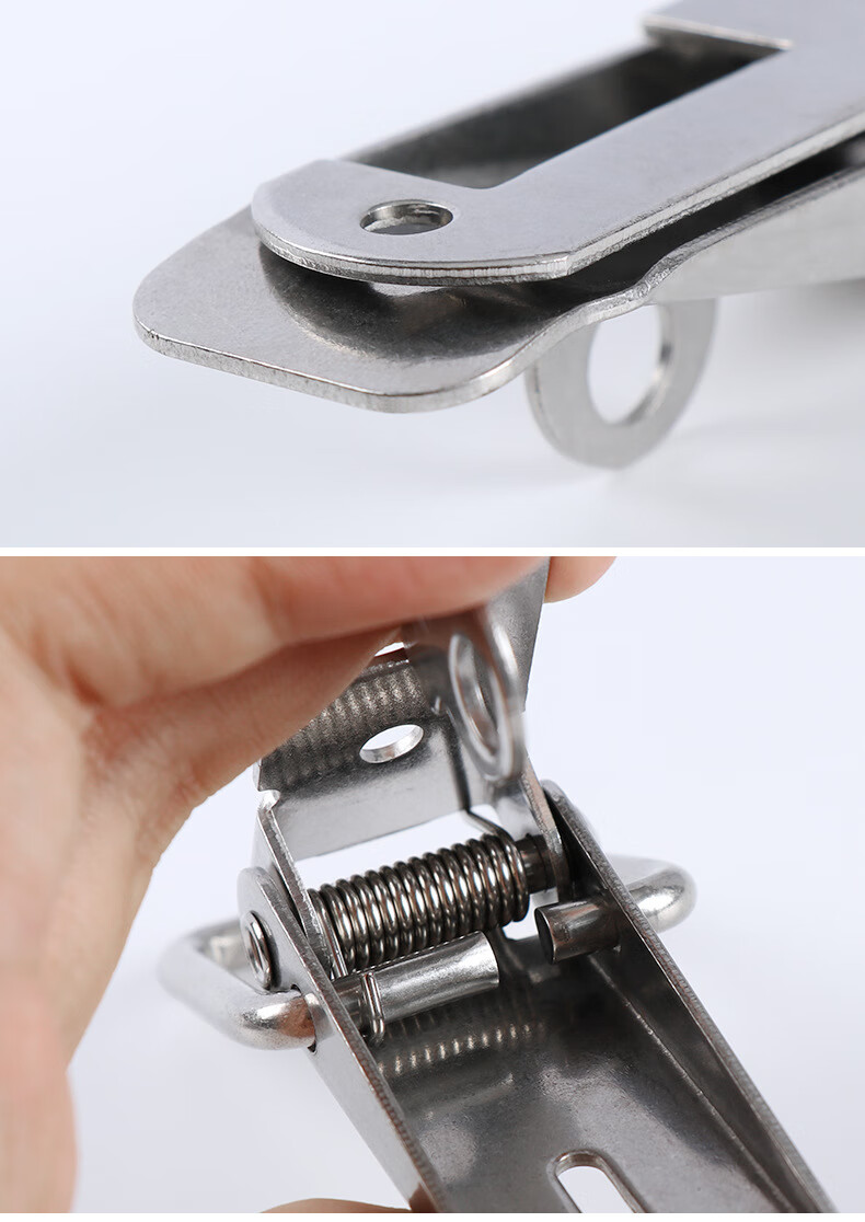 Spring-loaded toggle latch over-center mechanism diagram showing dead-center position and auto-retract spring action