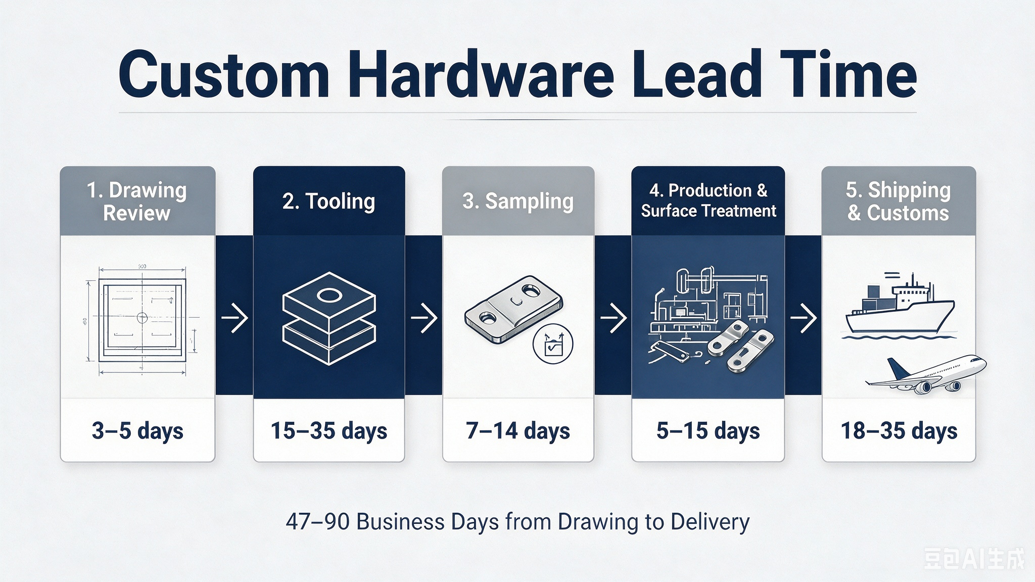 Custom case hardware lead time timeline infographic showing five phases from drawing review to delivery
