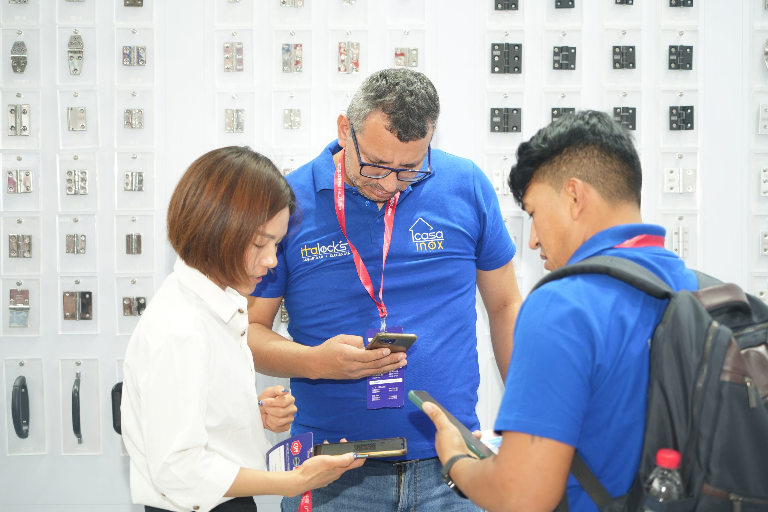 Close-up of NRH stainless steel latches and case hardware components on display at CIFF Guangzhou exhibition table
