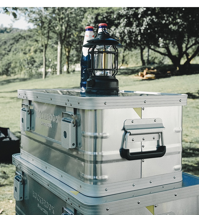 Aluminum outdoor storage box with NRH 4262-115 spring-loaded handles and 5881-87-1 locking latches for camping and overlanding