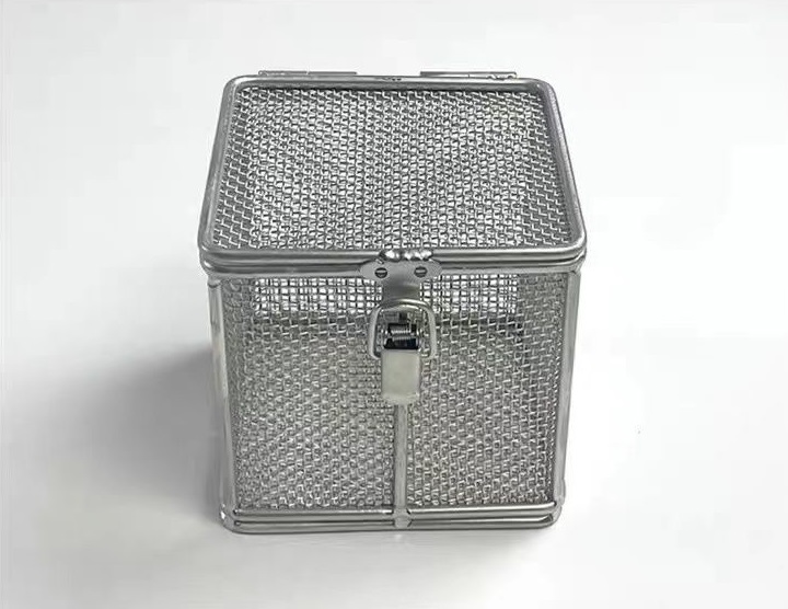 NRH 5106-39 locking latch installed on a stainless steel sterilization basket for CSSD use