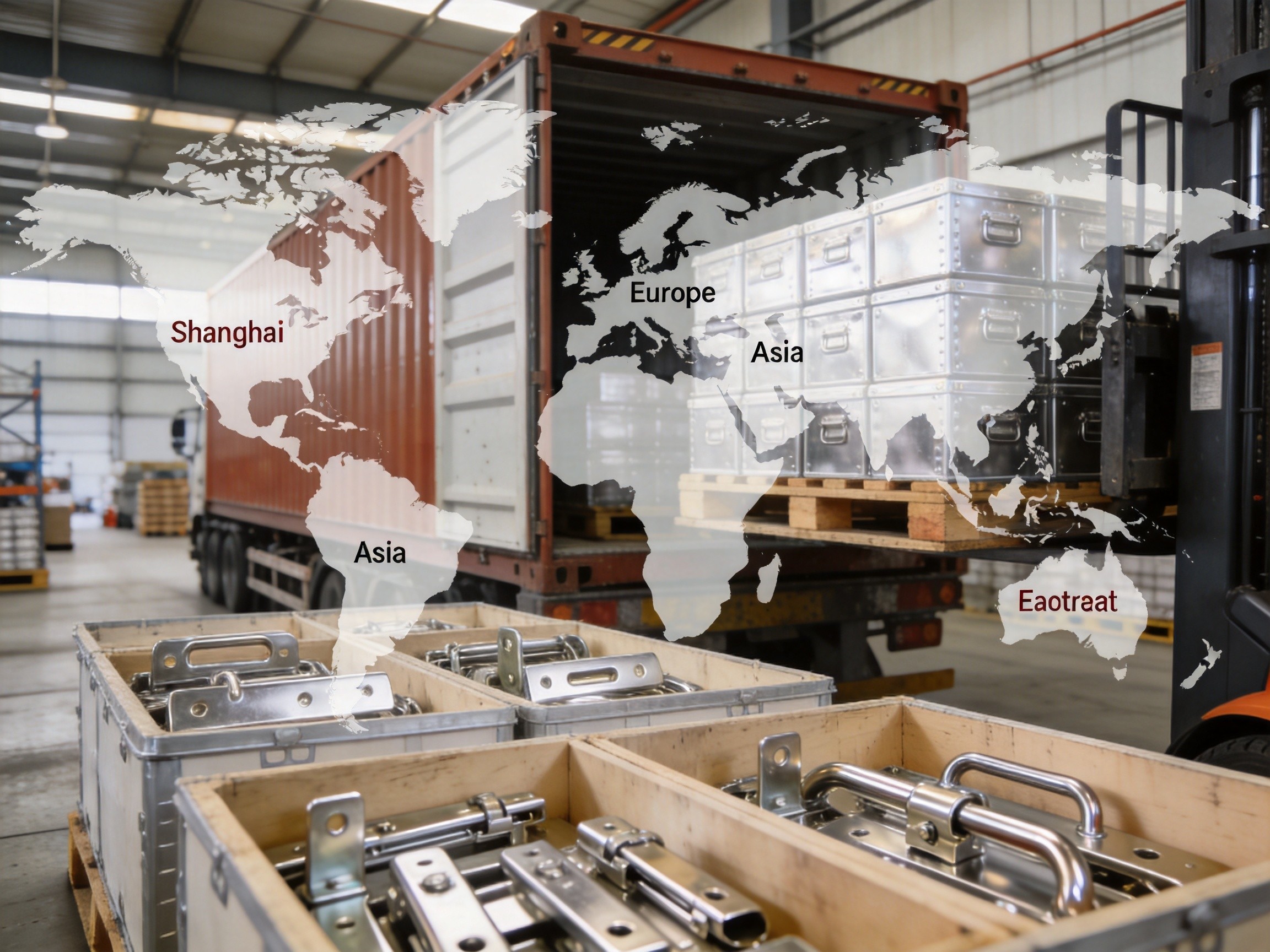NRH box hardware export warehouse with shipping containers and global logistics routes from Shanghai to 45 countries