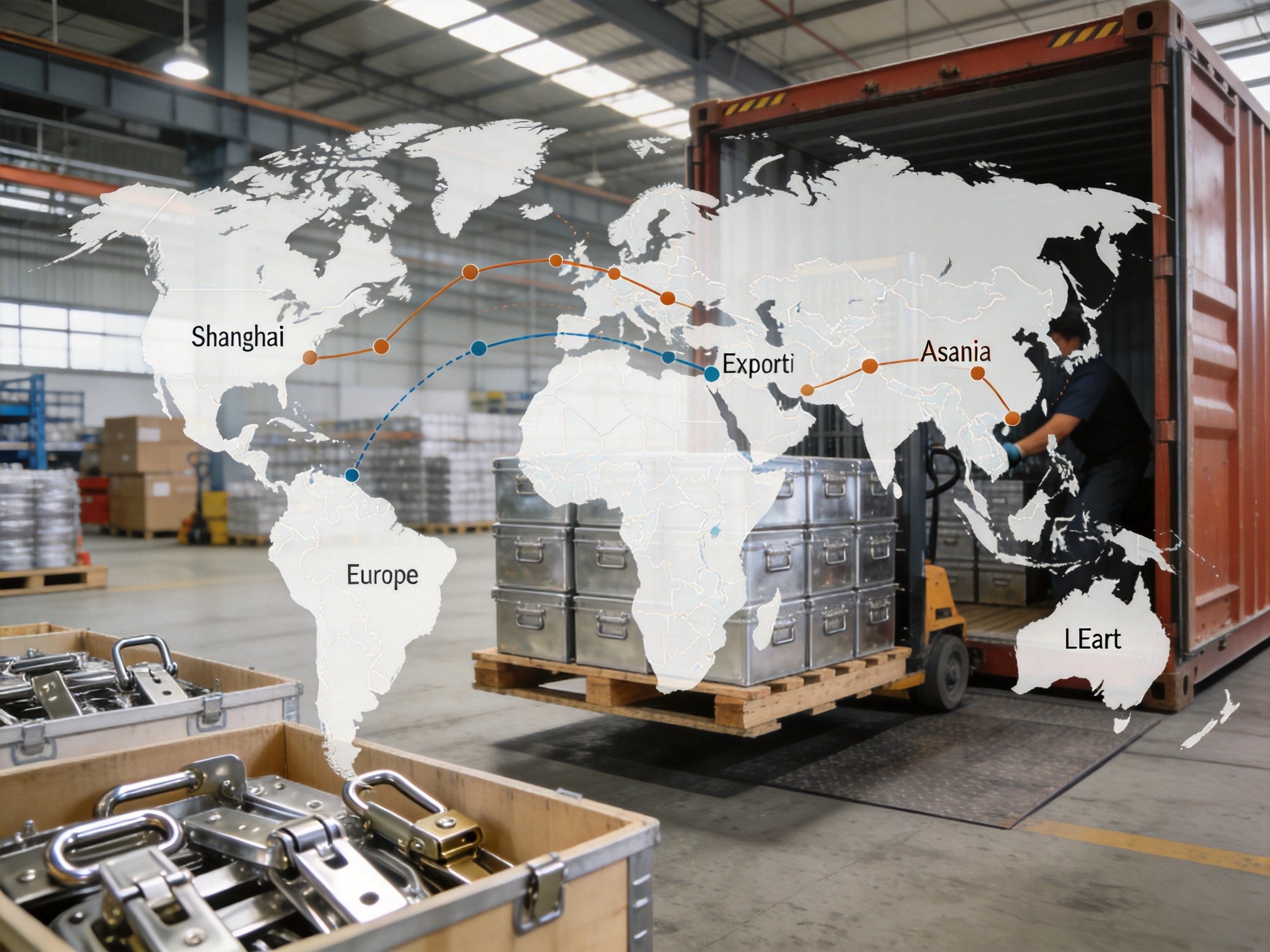 NRH international logistics loading operation with world map showing export routes to Europe Southeast Asia and Middle East