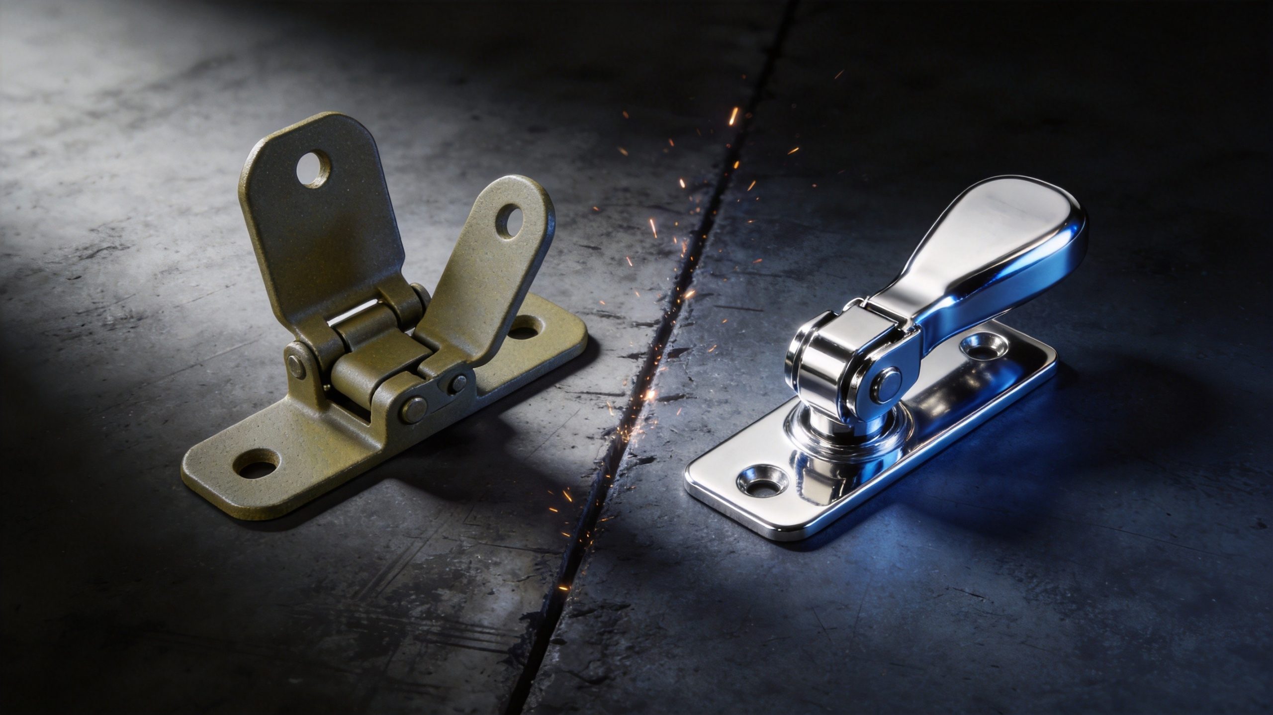 Zinc alloy vs stainless steel case hardware comparison showing latch material differences