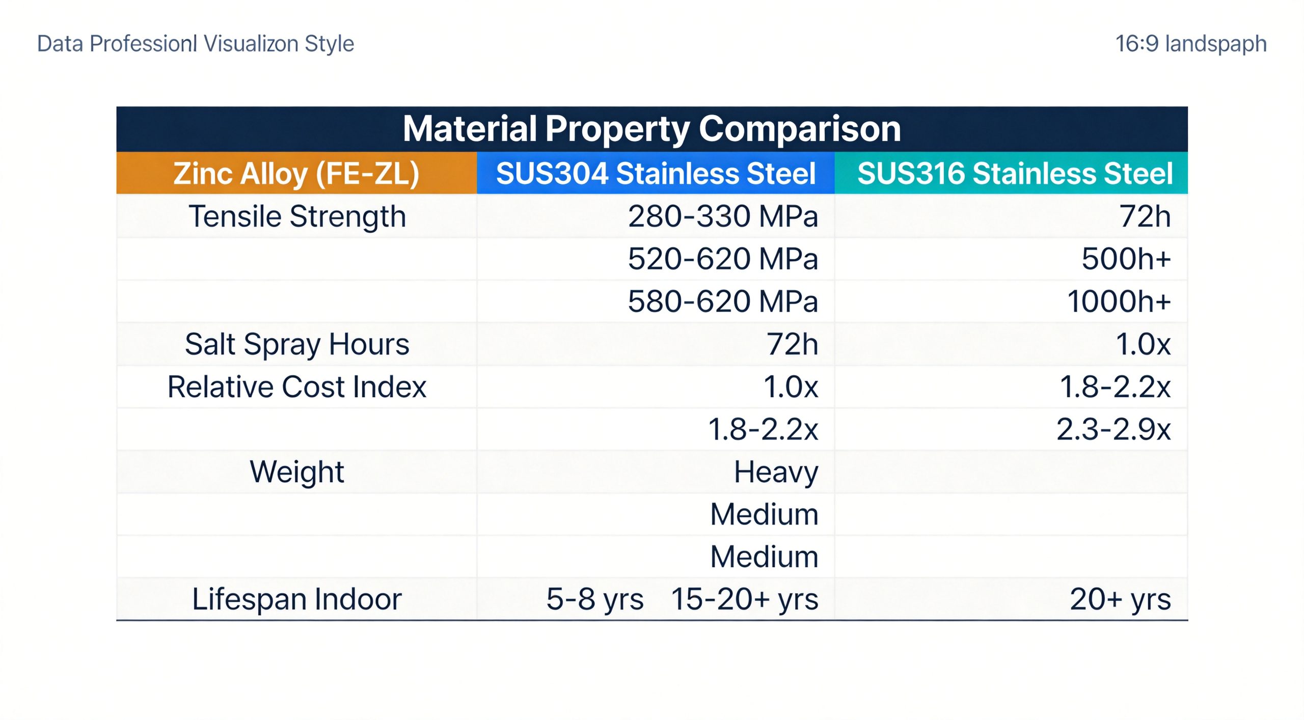 Side-by-side comparison of zinc alloy vs SUS304 vs SUS316 hardware properties including tensile strength salt spray hours weight and cost index