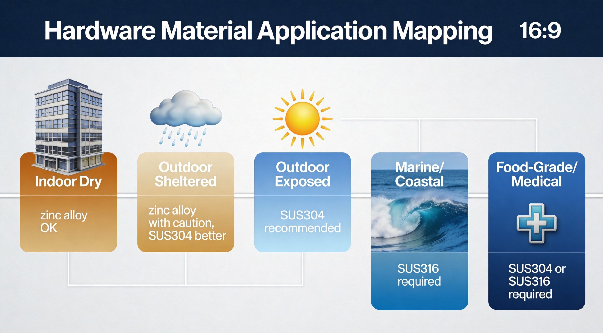 Application mapping for zinc alloy vs stainless steel case hardware across indoor outdoor marine food-grade and heavy freight environments