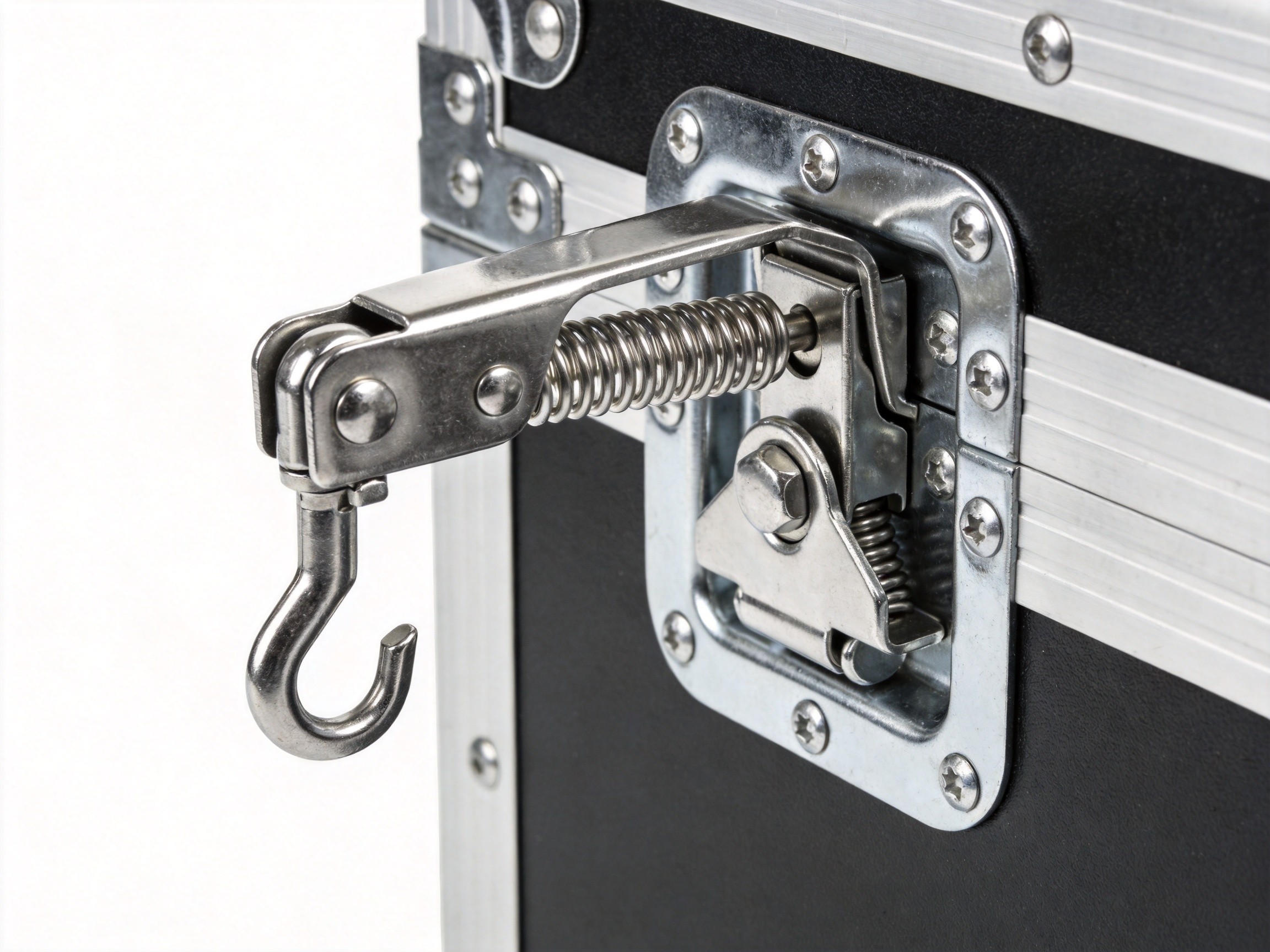 Spring-loaded toggle latch mounted on industrial flight case showing auto-retract mechanism