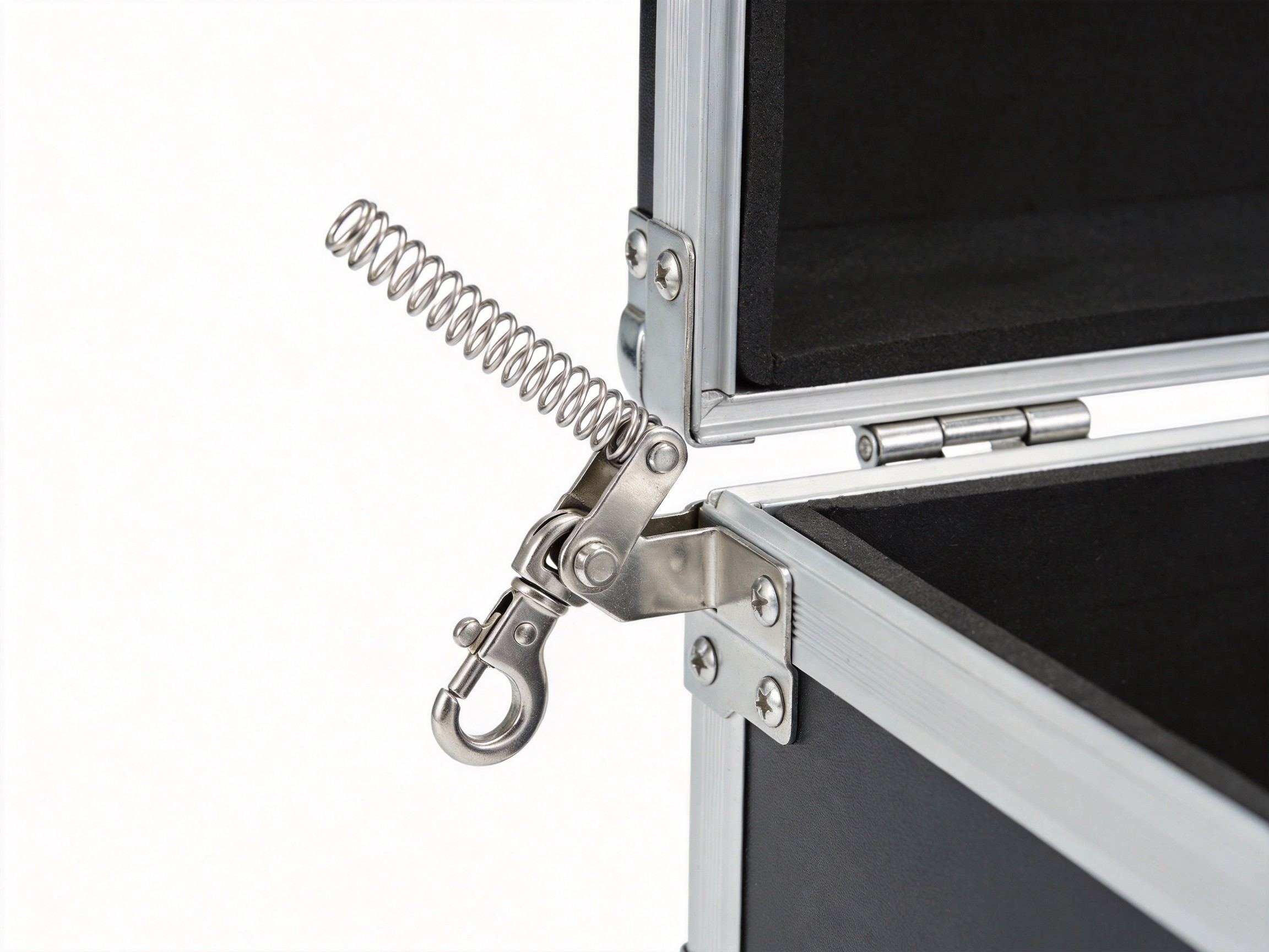Stainless steel draw latch with spring mechanism on equipment case