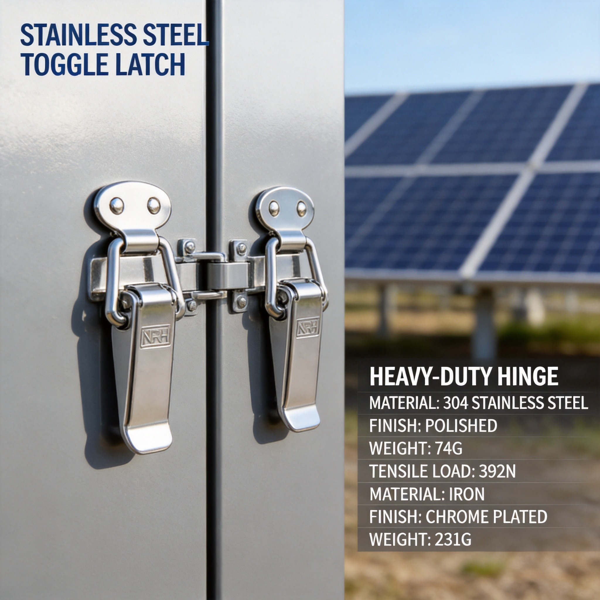 Stainless steel toggle latch and hinges on outdoor power distribution enclosure in solar farm environment