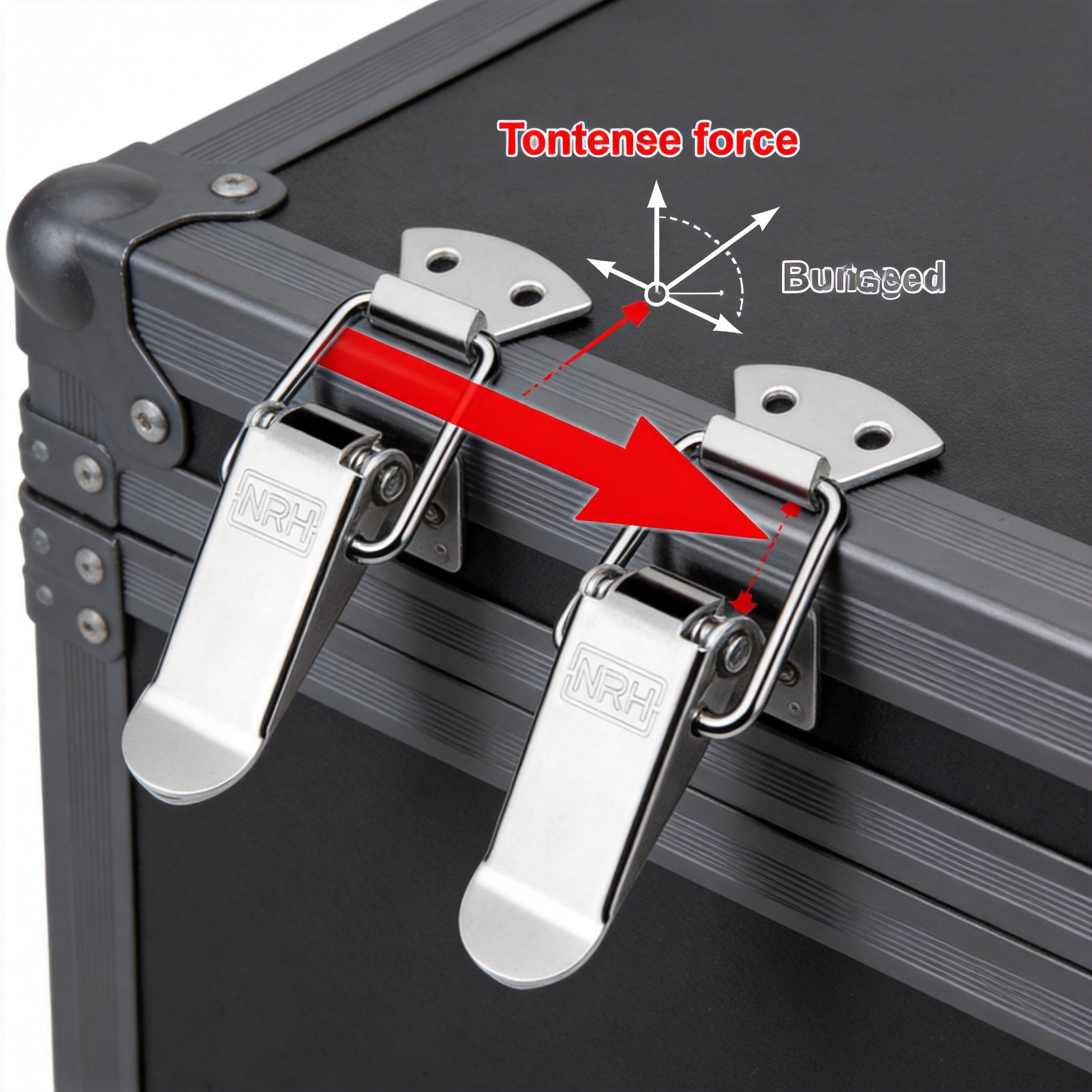 Toggle latches mounted on industrial flight case showing tensile load force direction