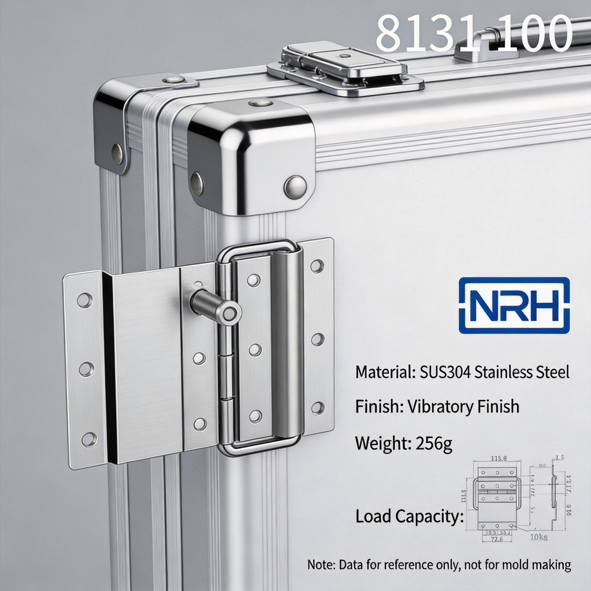 Stainless steel butt hinge mounted on aluminum equipment case