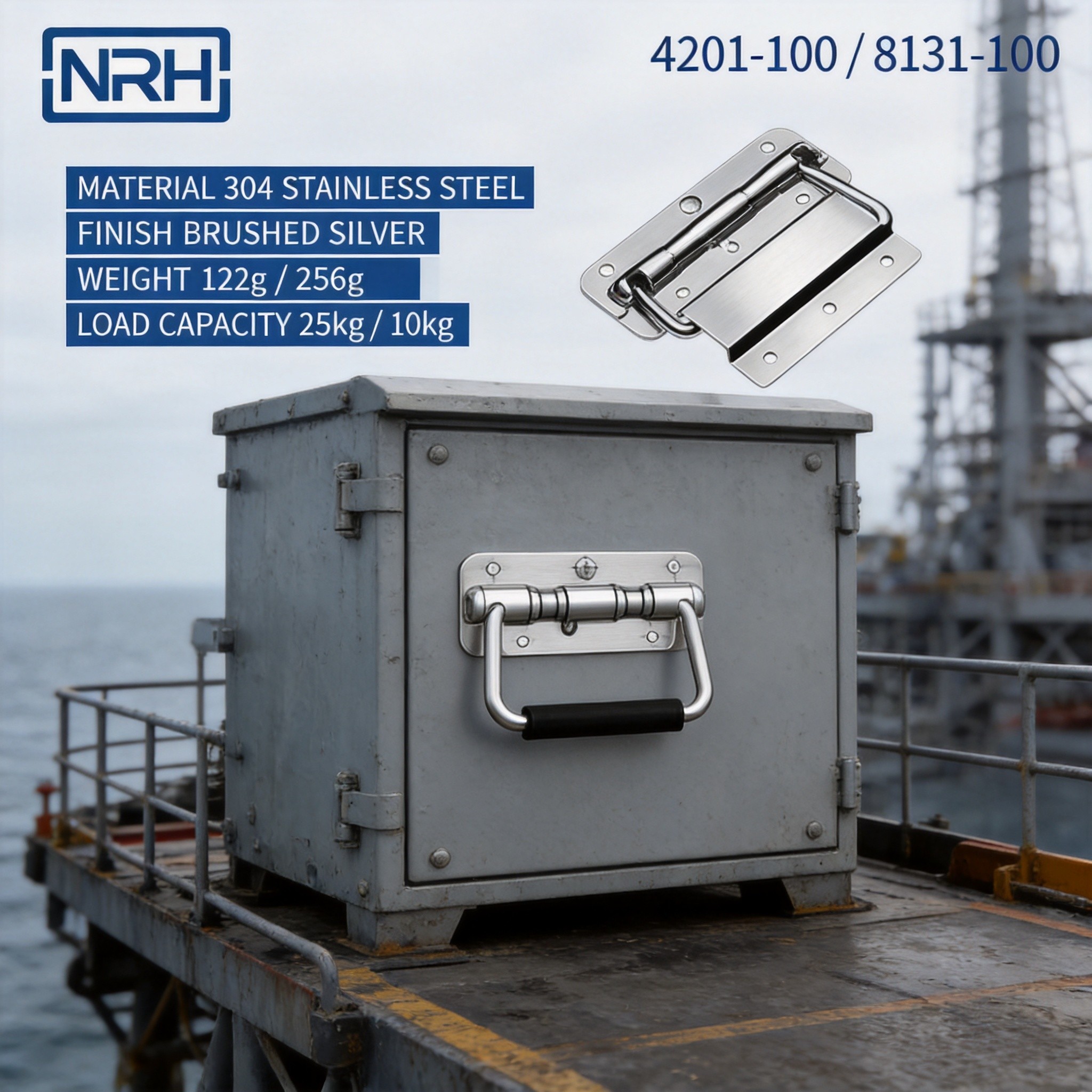 SUS316 recessed handle and support hinge on offshore equipment enclosure