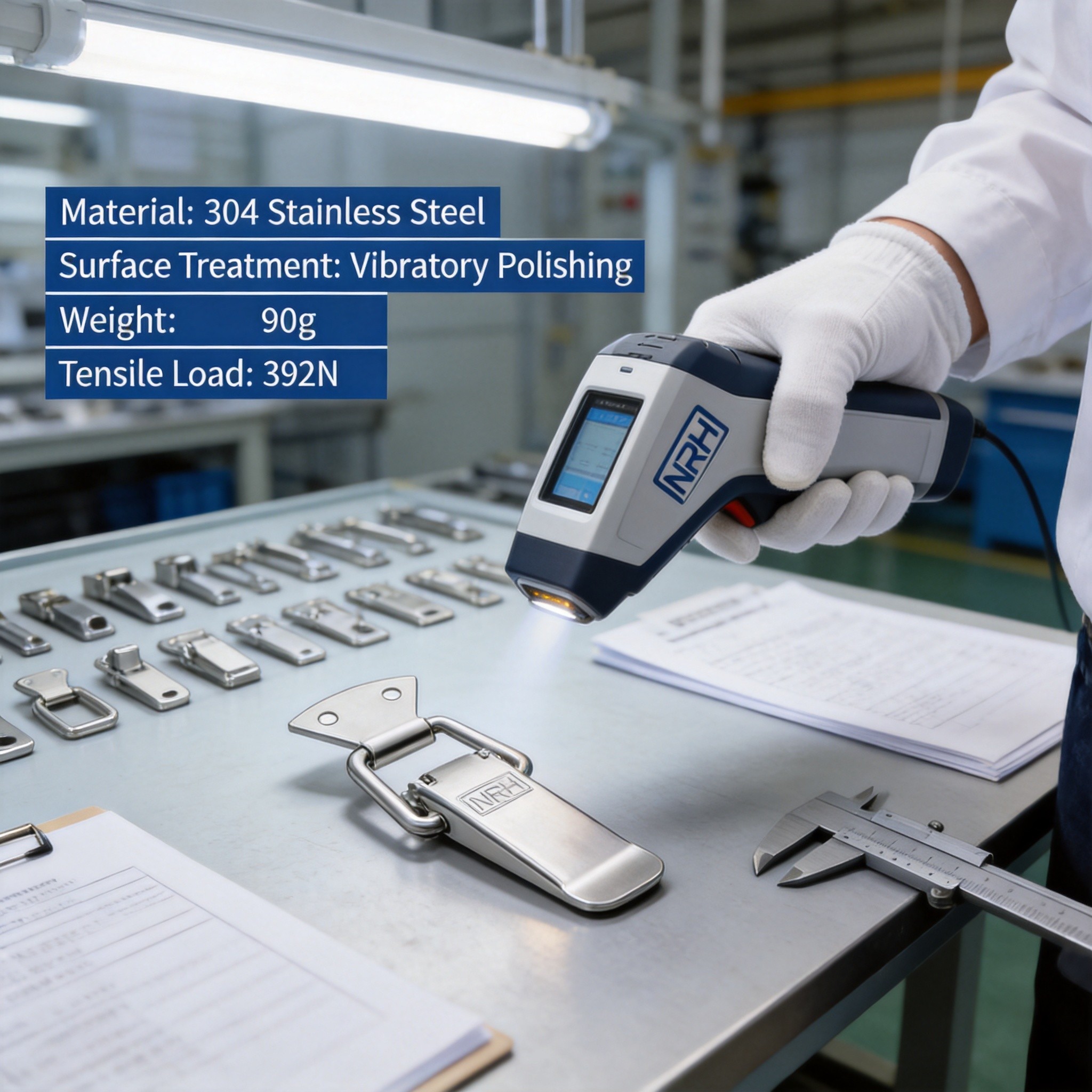 Quality control inspector testing stainless steel material composition with spectrometer