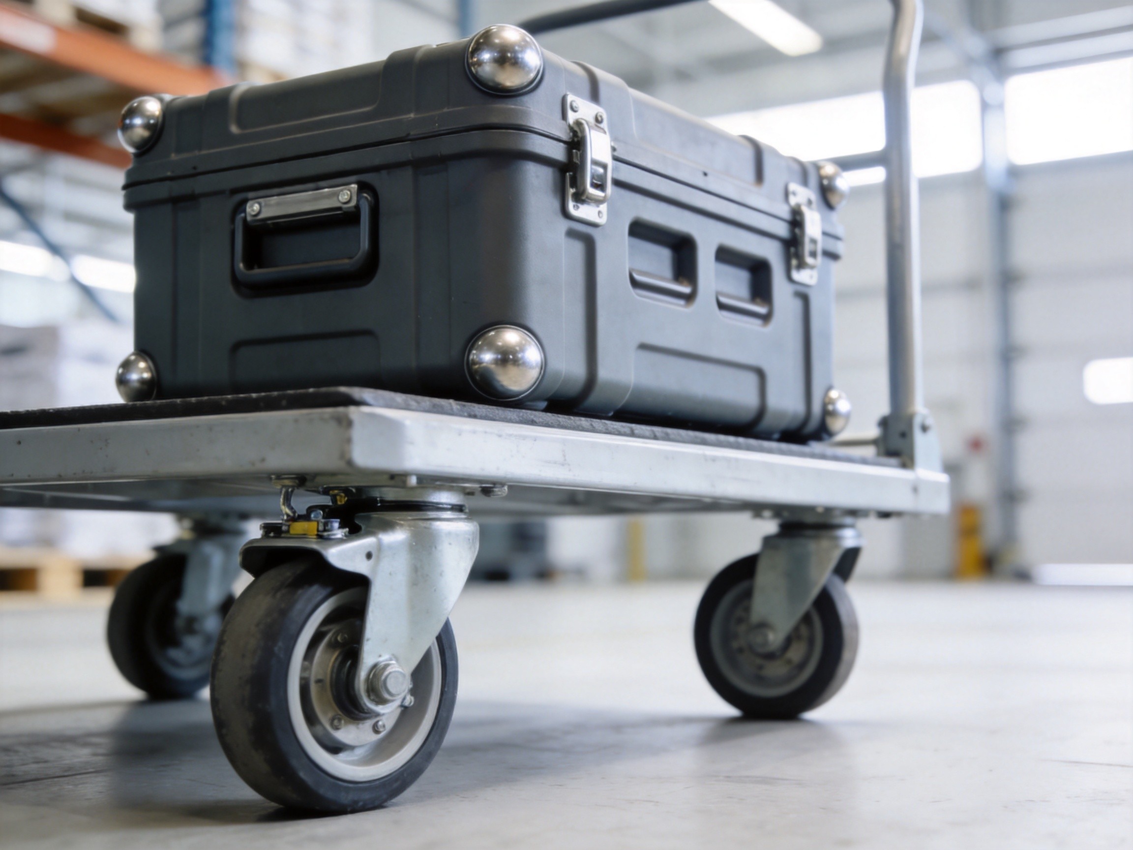 Industrial cart with caster wheels and protective equipment case in warehouse