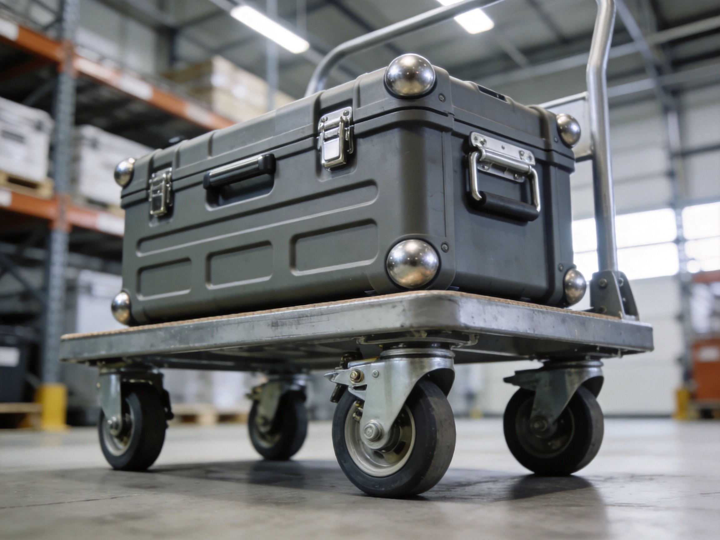 Close-up of heavy duty caster wheels on industrial equipment case