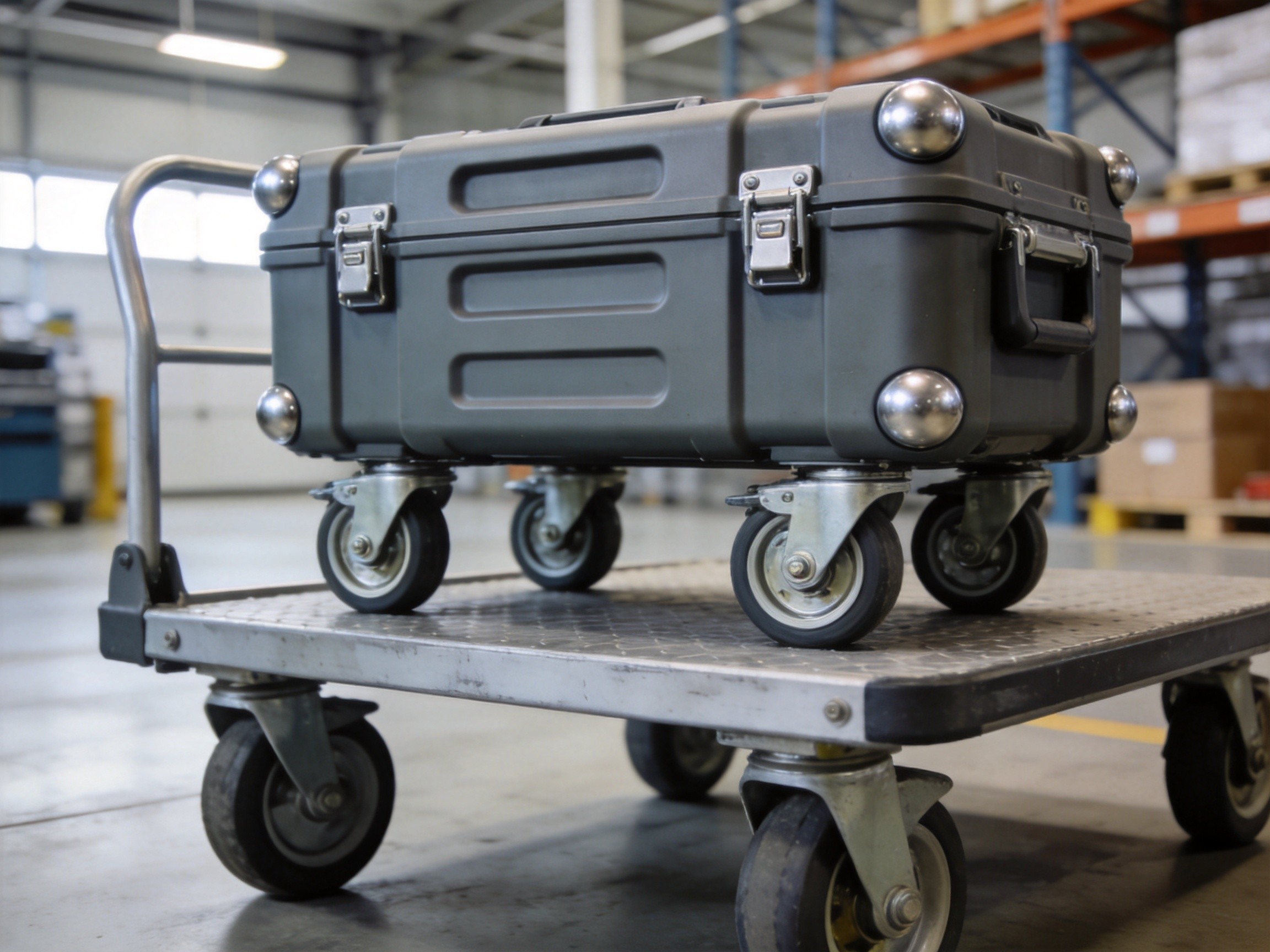 Industrial protective case with caster wheels and hardware components