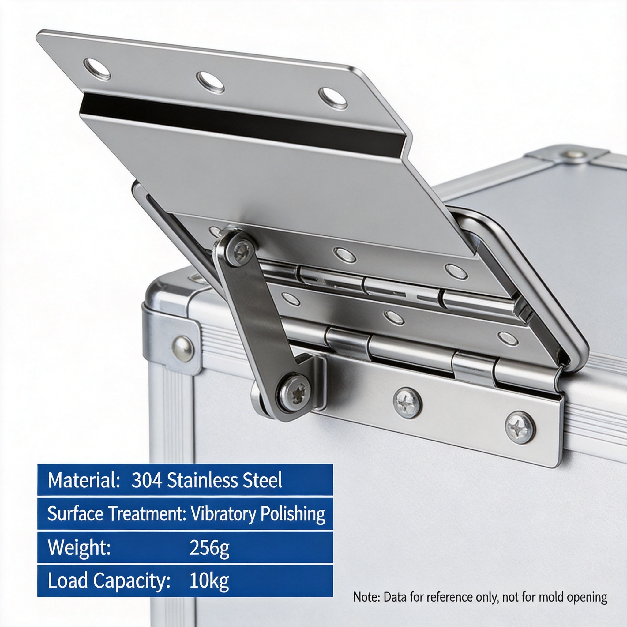 Stainless steel support hinge with stay mechanism mounted on equipment case
