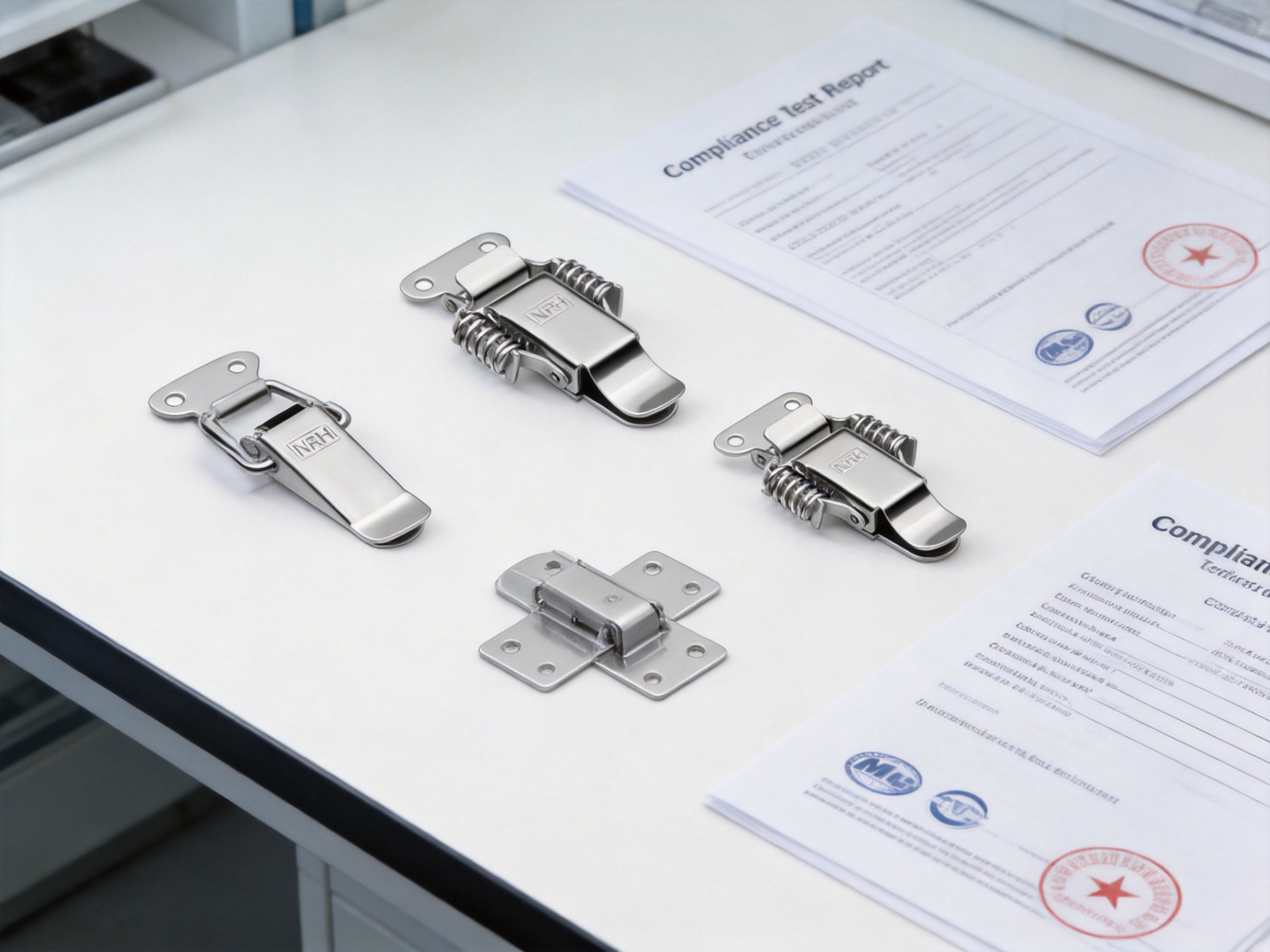 Case hardware components undergoing compliance testing in a quality laboratory