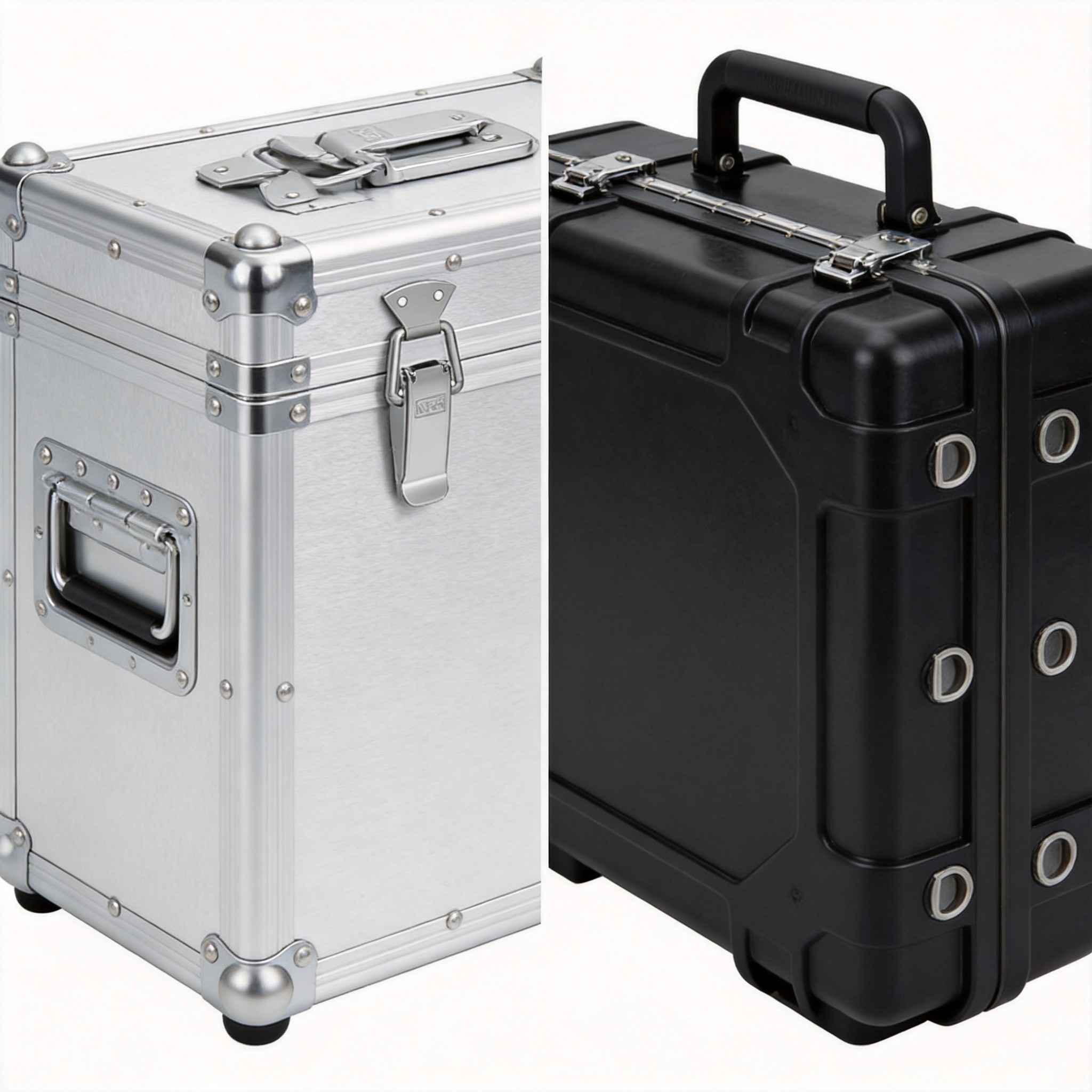 Aluminum vs roto-molded case hardware comparison showing mounting differences