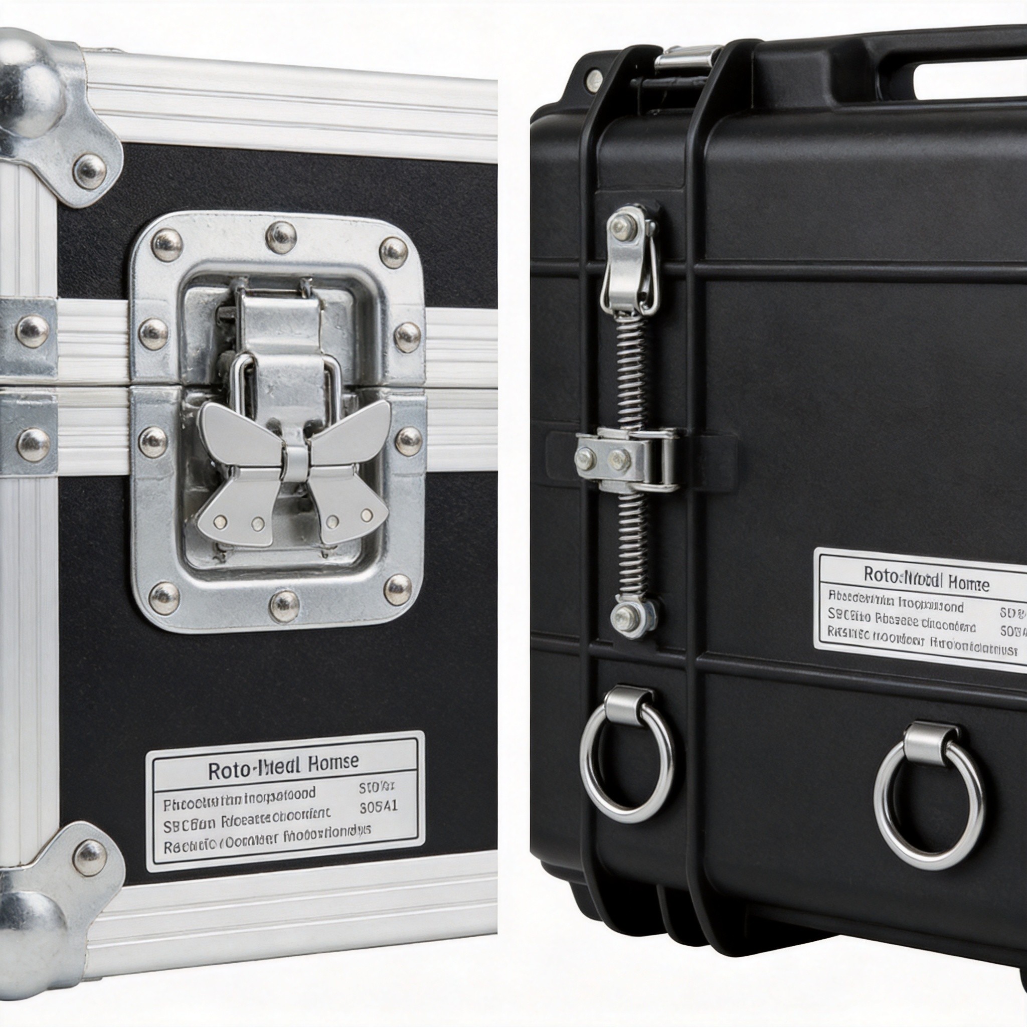 Close-up comparison of butterfly latch on aluminum case and spring latch on roto-molded case