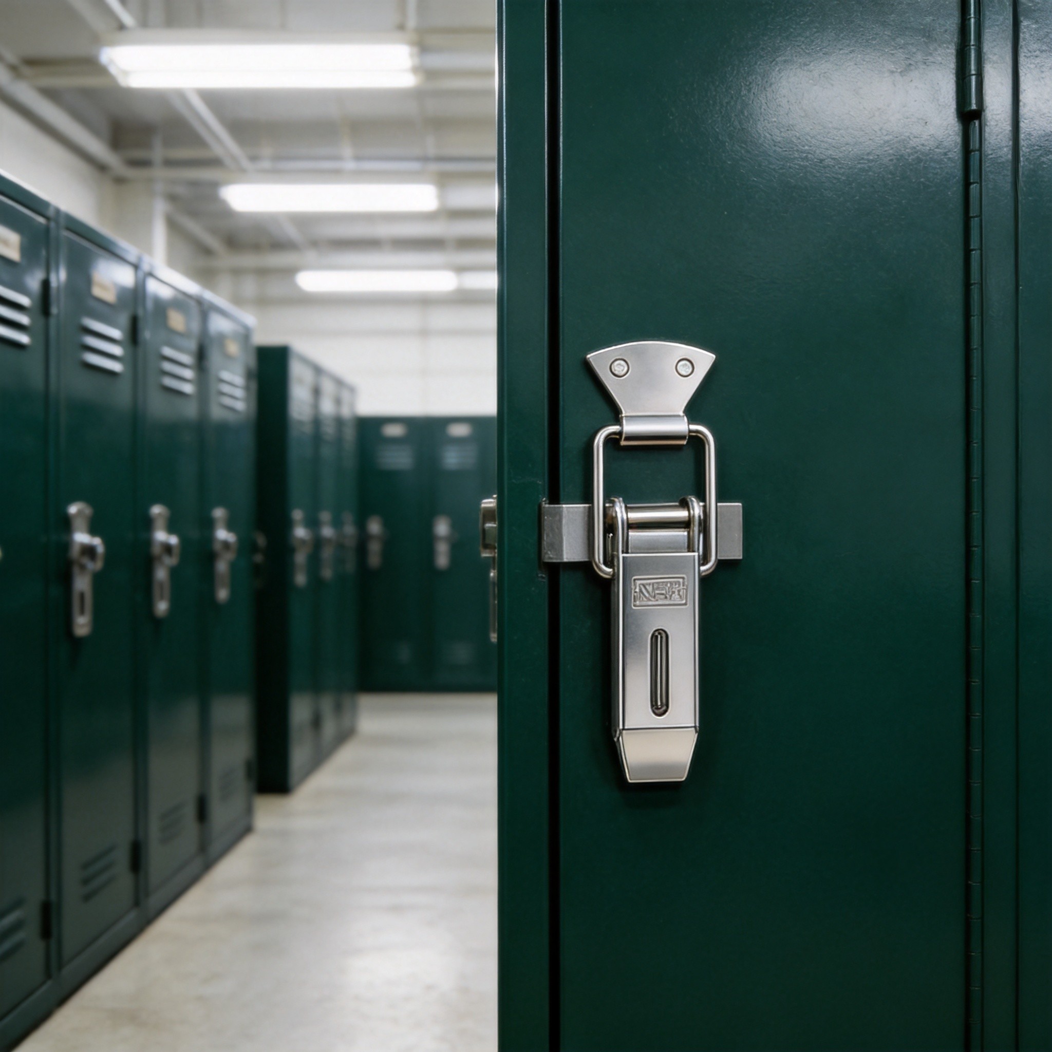Compression latch with tubular key lock installed on steel evidence storage locker doors