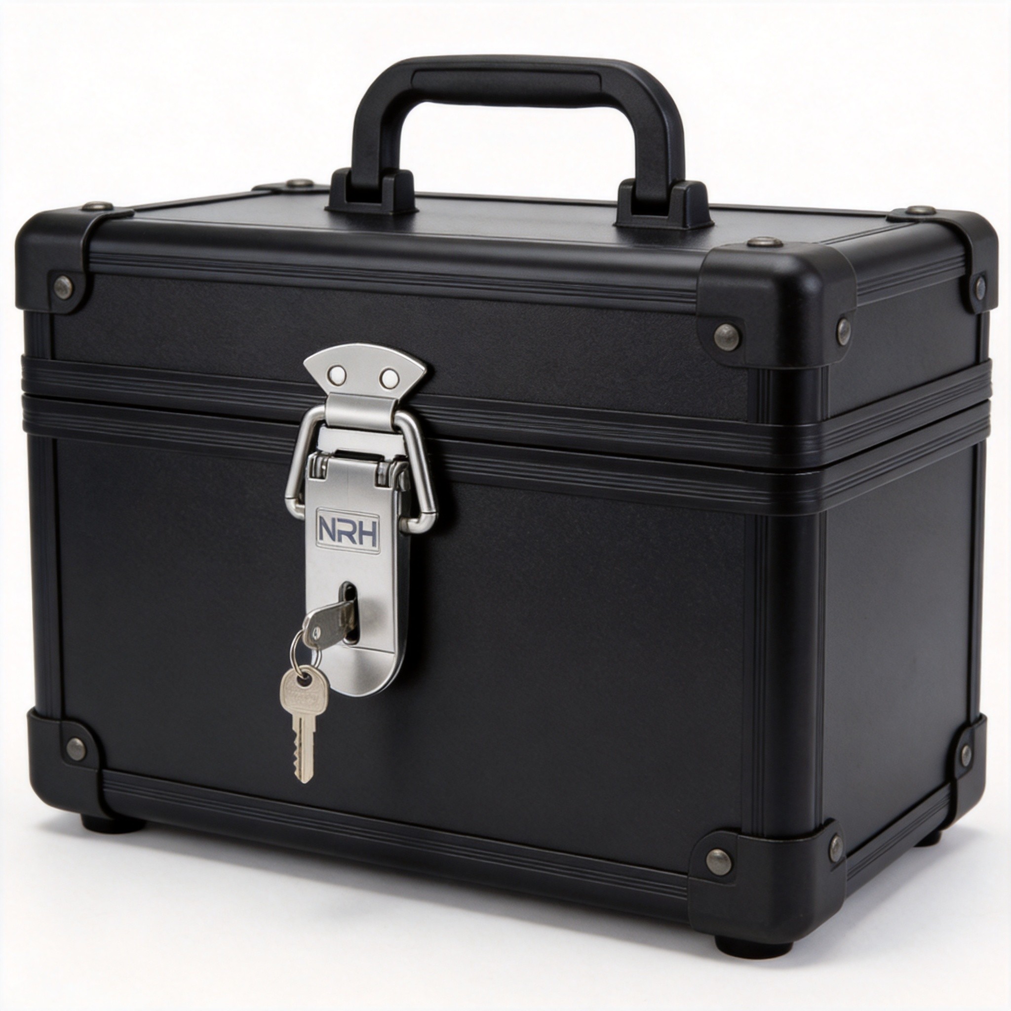 Key lock spring latch mounted on a black aluminum security transport case in locked position