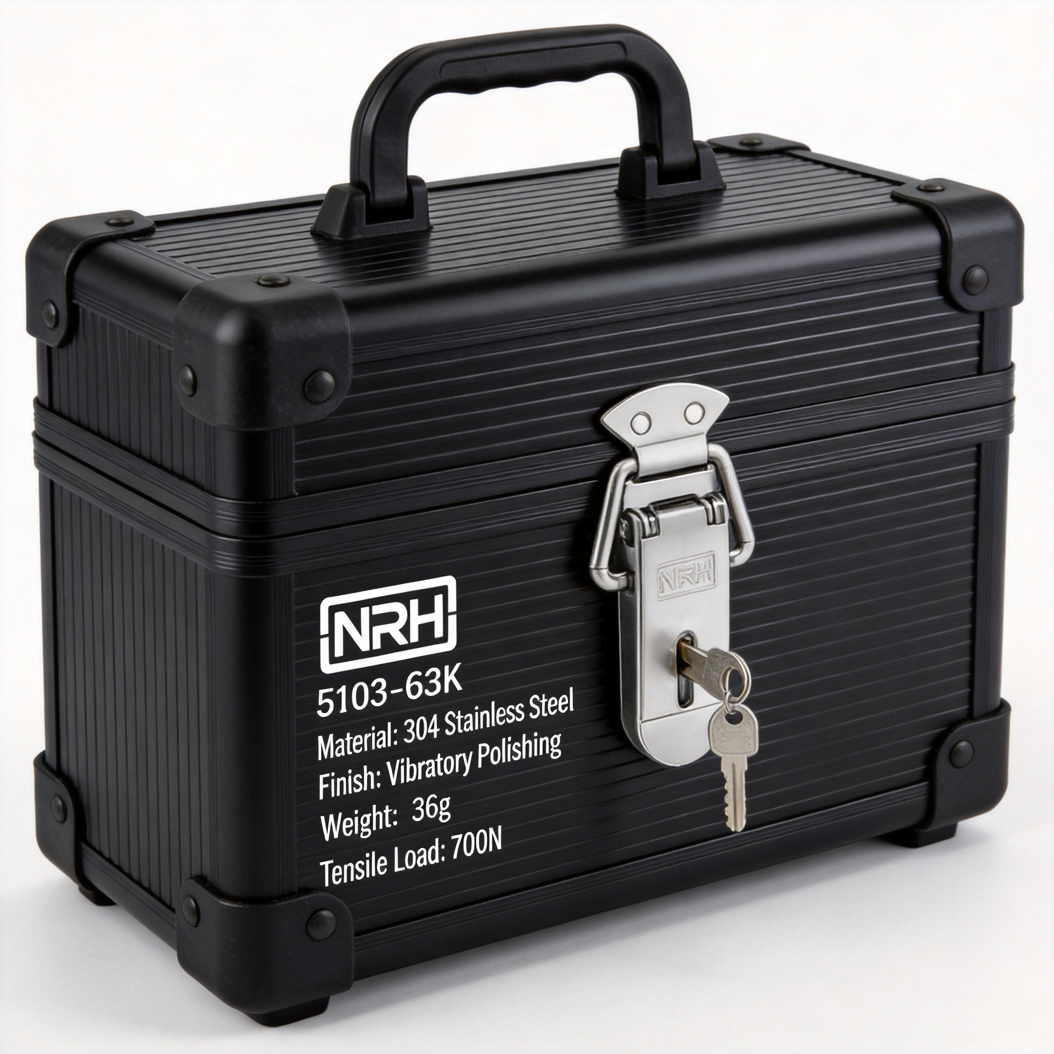 Multiple keyed latch types installed on various security case styles showing spring latch and compression latch configurations