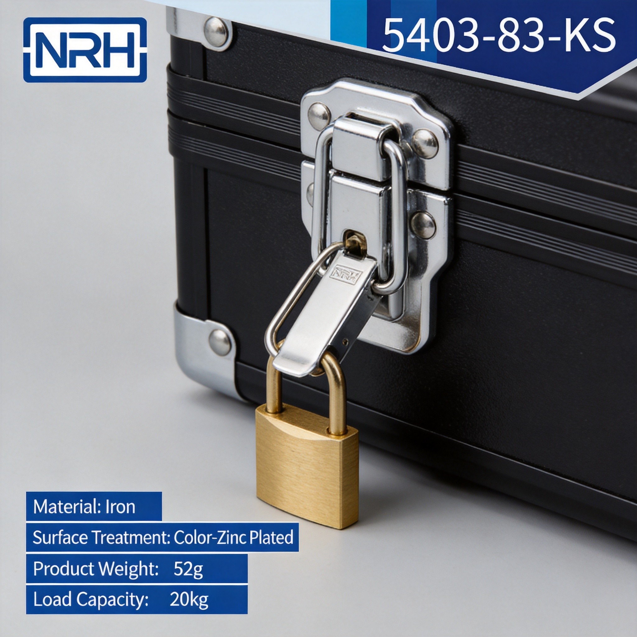 Chrome draw latch hasp mounted on a black equipment case secured with a padlock