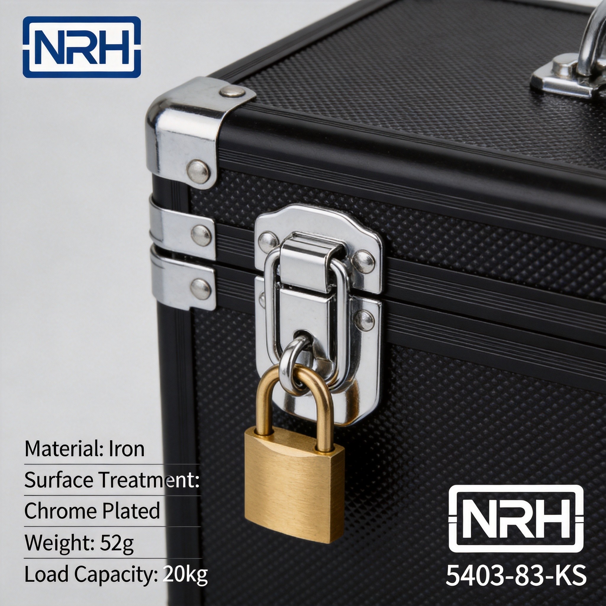 Box clasp hasp hardware on a metal transit case showing padlock engagement